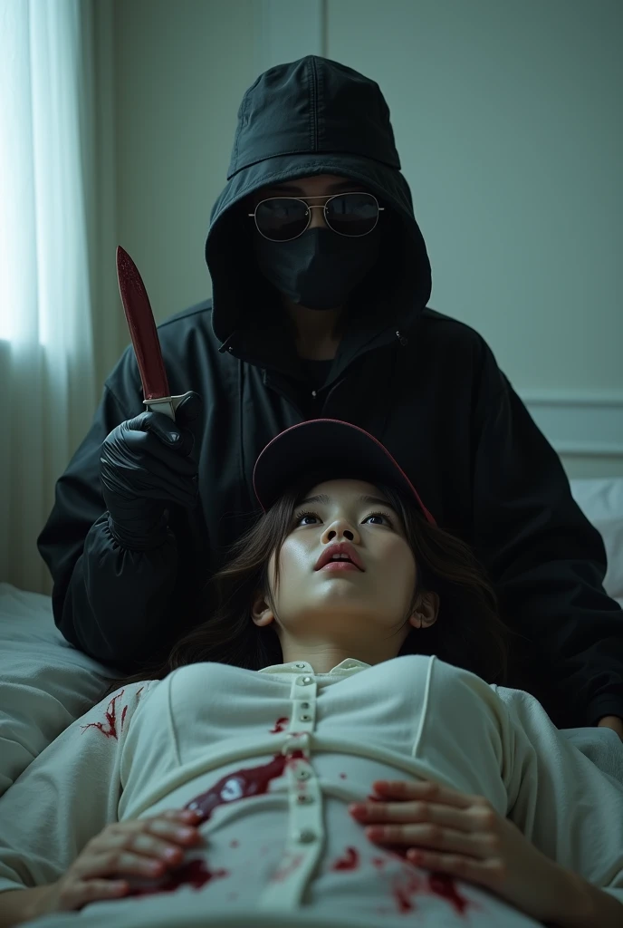 korean girl, (behind stiff, holding knife), stabbing, black surgical mask, black gloves, sunglasses, white room, black raincoat, trucker hat, holding knife, black gloves, 15 years old, woman on top, behind cadaver, blood splatter, on the bed, looking at viewer, mass murderer, killer, blood splatter, dark atmosphere, cinematic lighting, atmospheric realistic, light from the window,