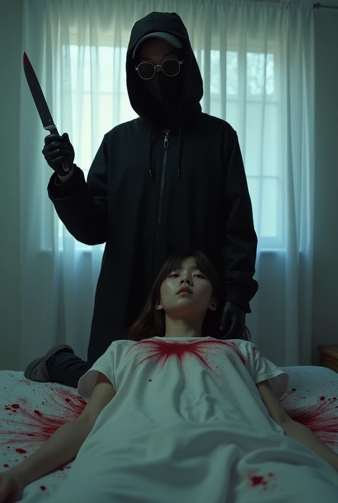 korean girl, (behind stiff, holding knife), stabbing, black surgical mask, black gloves, sunglasses, white room, black raincoat, trucker hat, holding knife, black gloves, 15 years old, woman on top, behind cadaver, blood splatter, on the bed, looking at viewer, mass murderer, killer, blood splatter, dark atmosphere, cinematic lighting, atmospheric realistic, light from the window,