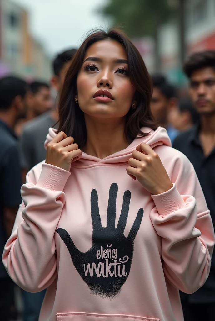 A indonesian pretty woman, wearing a hoodie with a strong vector design featuring a image of a five-fingered palm in black colour with love and light. The phrase "ELENG LIMO WAKTU" is displayed in bold simple elegand, distressed typography with pastel colours, while holding her hoodie, hijab, one-handed pose pointing upwards,  in a public place, surrounded by many men, big and  , jav idol, with a frontal shooting angle, very realistic, (complex detail: 0.9), (hdr, hyperdetail: 1.2), RAW, Sony Alpha a9 II, 24-105mm f/4, HDR,