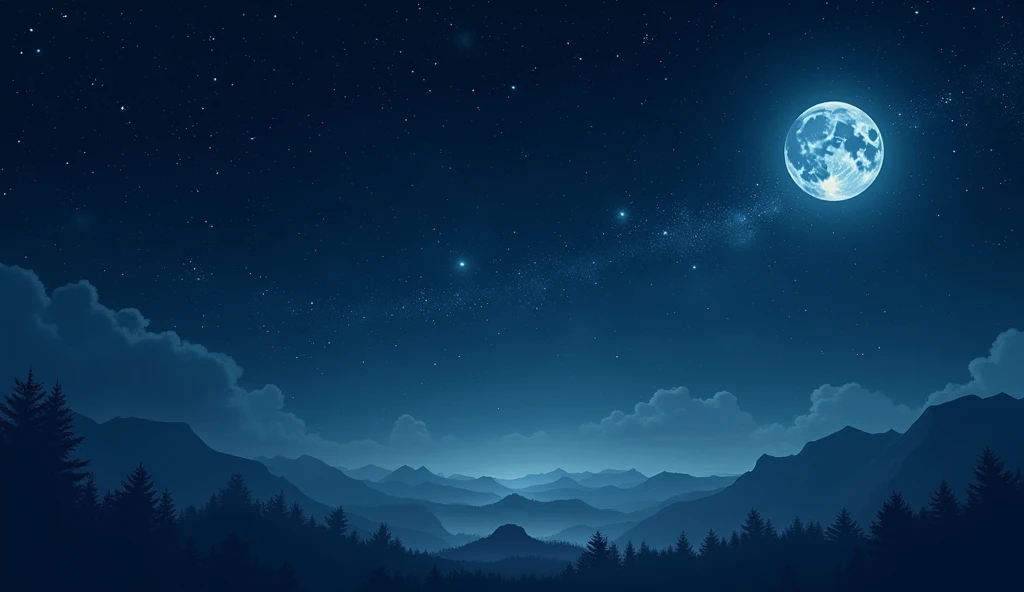 A deep night sky filled with shining stars and a glowing moon. The stars and moon gently illuminate the dark sky, bringing a sense of hope and light. The sky transitions from deep blue to black, with twinkling stars and a bright, prominent moon. There is no sense of true darkness, as the light from the stars and moon brightens the night. Capture this scene with an emphasis on the contrast between the light and dark.