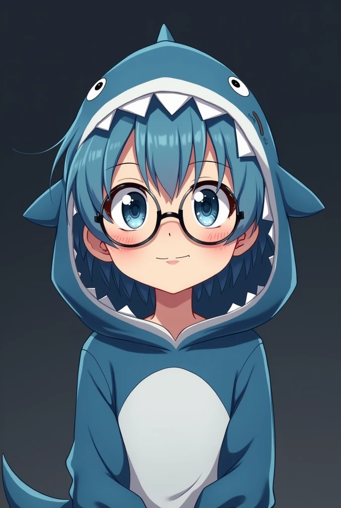 Cutie stick boy anime short blue hair round glasses with shark outfit straight hair dark background fair skin mature face