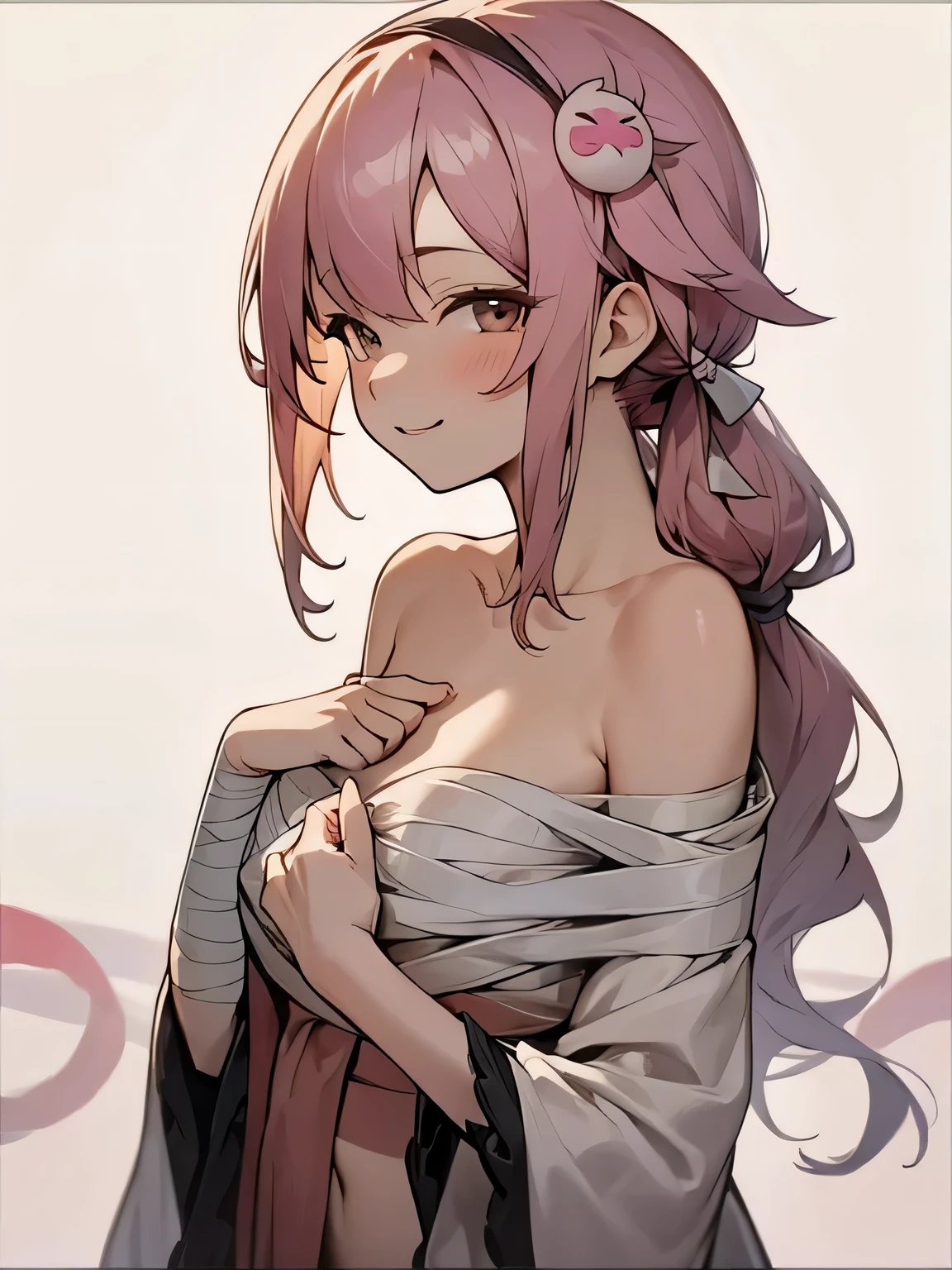sideview,(looking at viewer:1.3),Iroha Base, hair ornaments, hair band, Hide the chest with a bandage, naked, smile, Upper Body, (paizuri invitation, Very good), Proud face