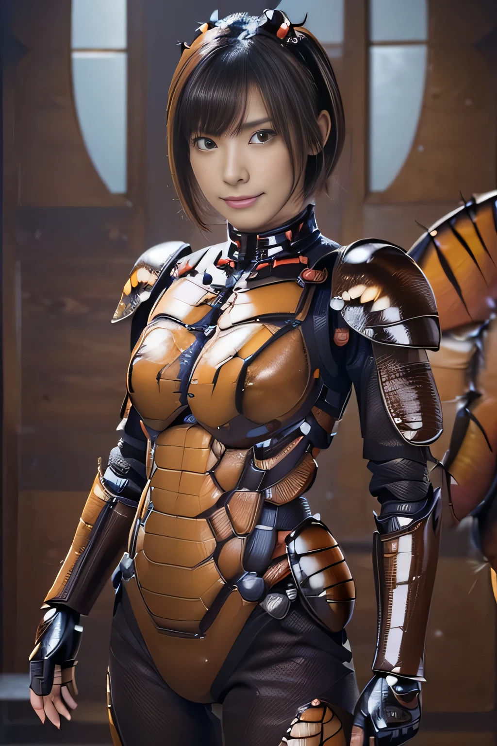 (high resolution,masterpiece,best quality,extremely detailed CG, anime, official art:1.4), realistic, photo, amazing fine details, all intricate, gloss and shiny,awesome many layers, 8k wall paper, 3d, sketch, kawaii, illustration,( solo:1.4), perfect female proportion,villainess, (fusion of dark brown cockroach and lady:1.4), (brown cockroach form lady:1.2), (brown cockroach lady:1.2), (fusion:1.2), (solo:1.4), (evil smile:1.2), muscular, abs, (cockroach brown exoskeleton bio insect suit:1.4), (cockroach brown exoskeleton bio insect armor:1.2), (brown transparency cockroach wing:1.4), (brown cockroach antennae:1.3),