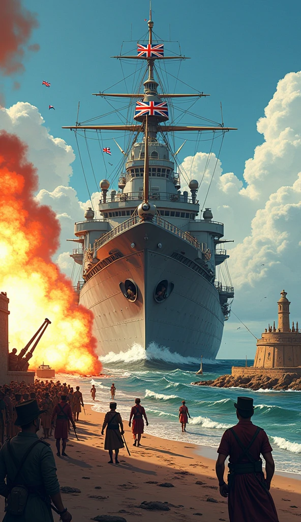 A comical scene of a massive British ship firing a single cannonball, which instantly causes the entire Zanzibari defense to fall apart, with the caption "One and Done!"
