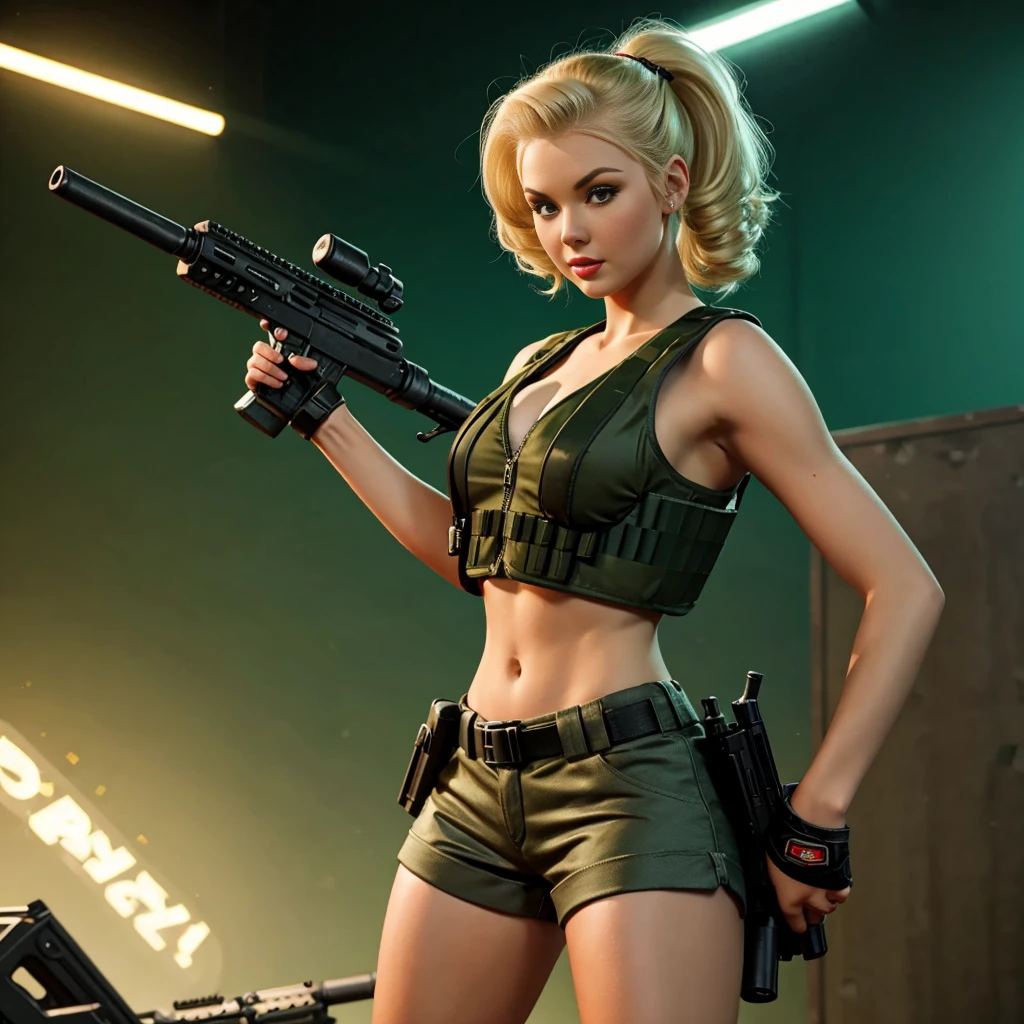 sexy blonde girl with pin-up hairstyle, wearing bulletproof vest and shorts, shooting assault rifle, counter strike universe, dynamic night scene, green light on background