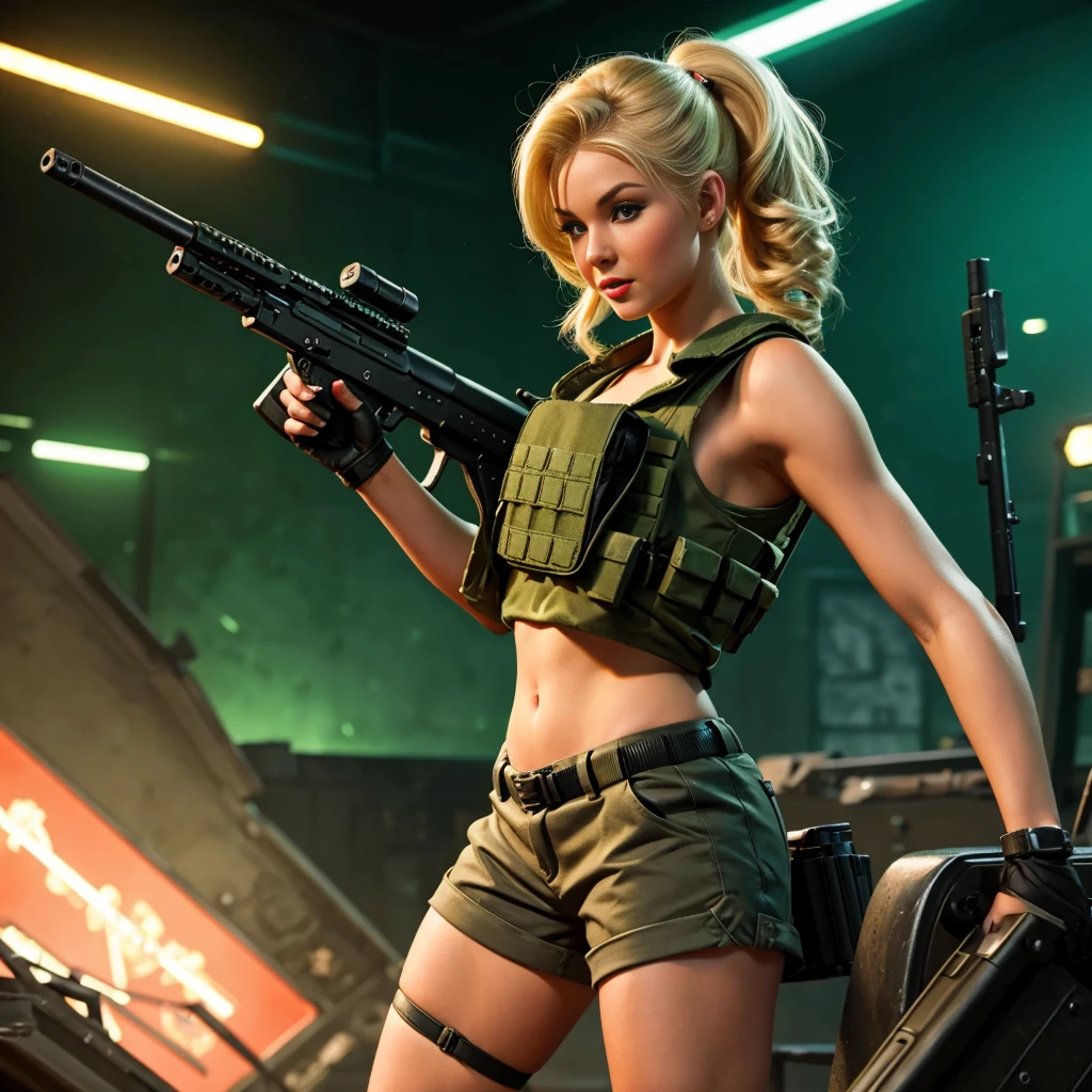 sexy blonde girl with pin-up hairstyle, wearing bulletproof vest and shorts, shooting assault rifle, counter strike universe, dynamic night scene, green light on background