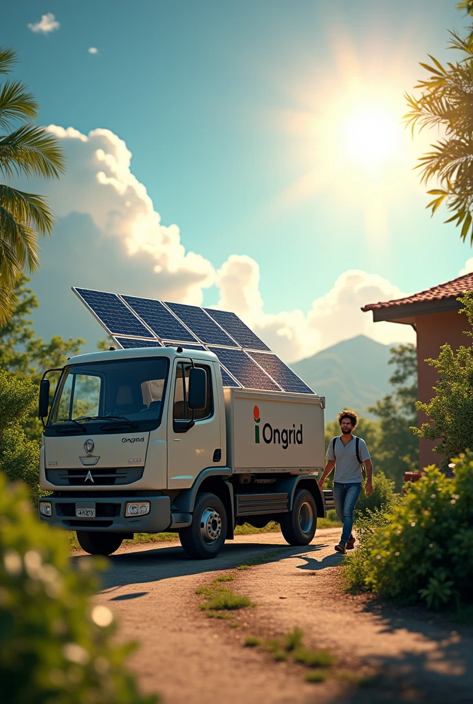 An image of Brazil, a truck from a company called Ongrid full of solar panels arriving at a residence, the owner of the house leaving the house very happy to arrive at the solar panels. I want it with sun and clouds