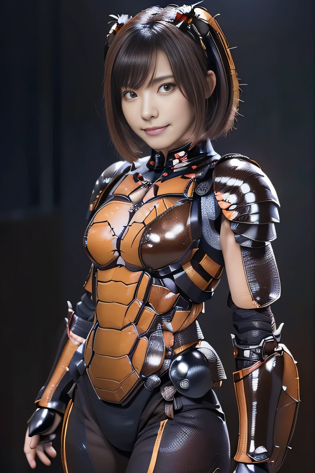 (high resolution,masterpiece,best quality,extremely detailed CG, anime, official art:1.4), realistic, photo, amazing fine details, all intricate, gloss and shiny,awesome many layers, 8k wall paper, 3d, sketch, kawaii, illustration,( solo:1.4), perfect female proportion,villainess, (fusion of dark brown cockroach and lady:1.4), (brown cockroach form lady:1.2), (brown cockroach lady:1.2), (fusion:1.2), (solo:1.4), (evil smile:1.2), muscular, abs, (cockroach brown exoskeleton bio insect suit:1.4), (cockroach brown exoskeleton bio insect armor:1.2), (brown transparency cockroach wing:1.4), (brown cockroach antennae:1.3),