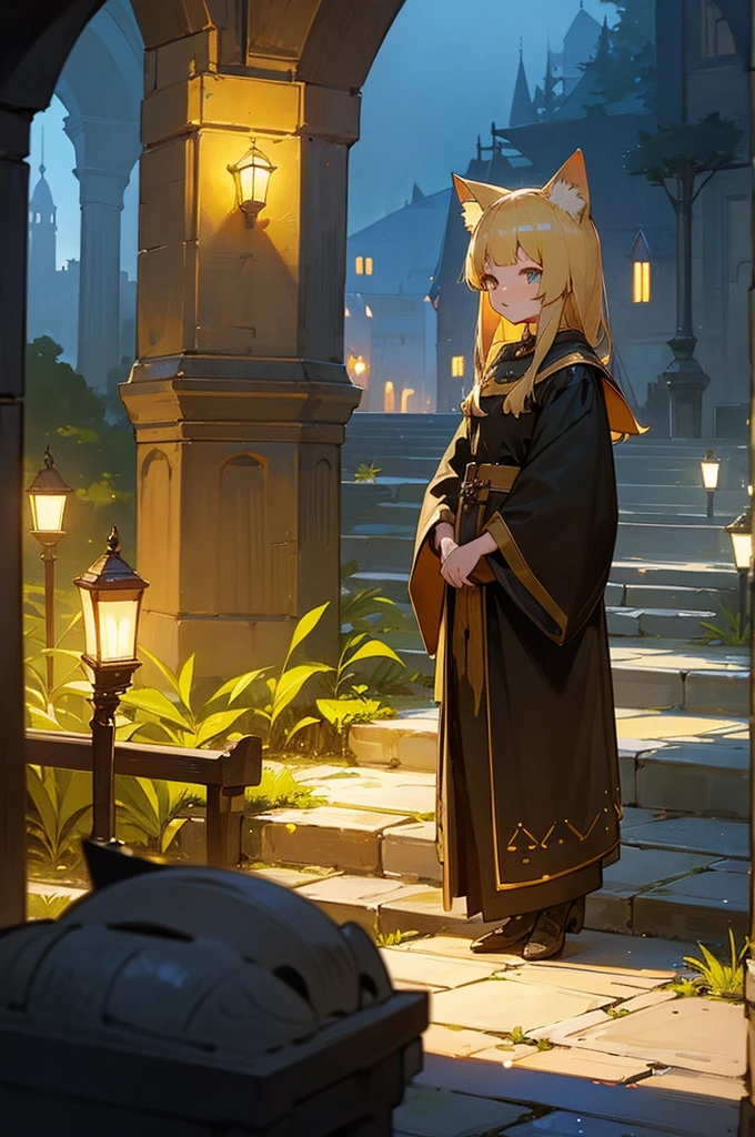 high quality, High resolution, Attention to detail, detailed、Blonde Hair、Cat ears、Wearing shining crystals、Light、bright、mysterious、night、Medieval European Gardens