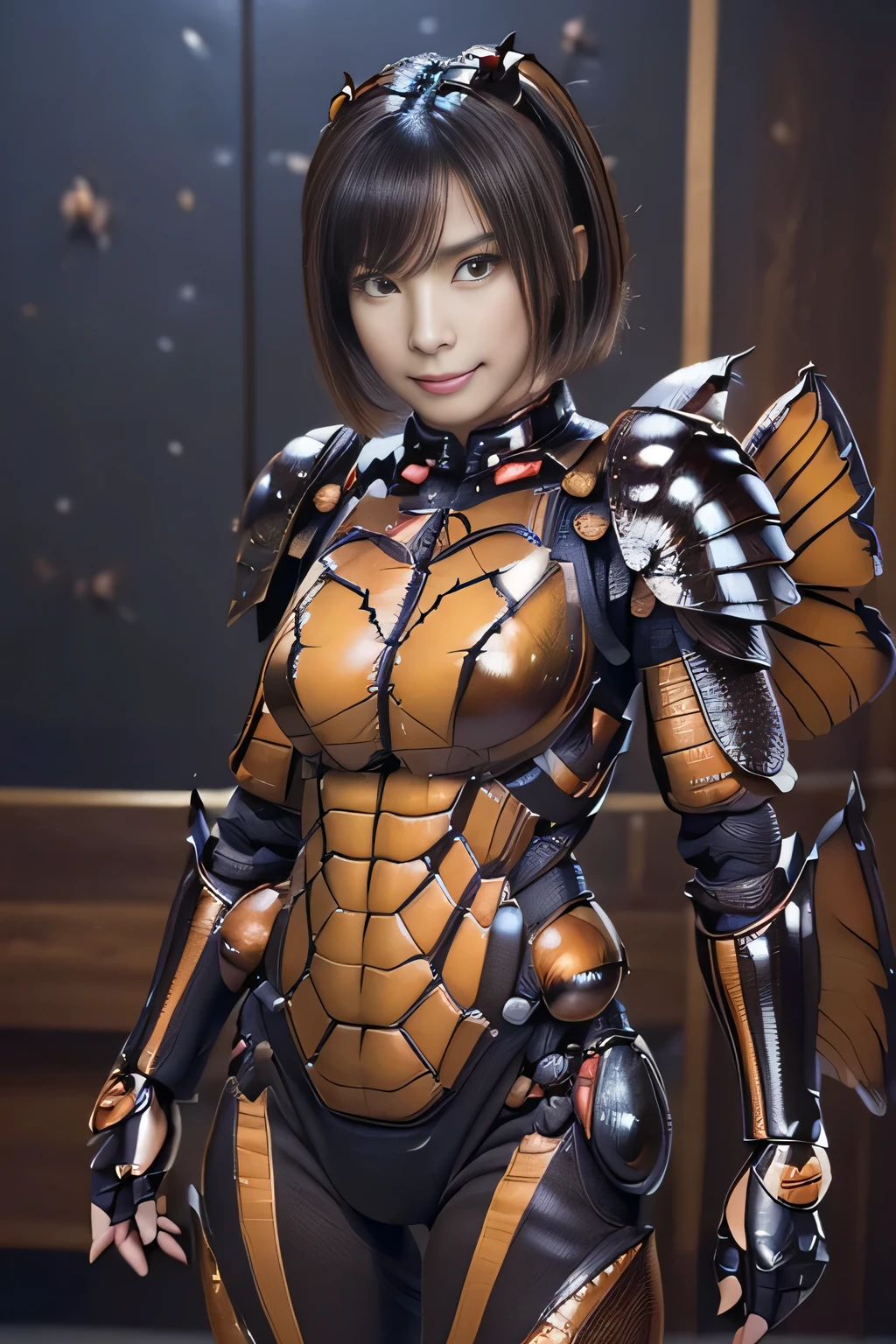 (high resolution,masterpiece,best quality,extremely detailed CG, anime, official art:1.4), realistic, photo, amazing fine details, all intricate, gloss and shiny,awesome many layers, 8k wall paper, 3d, sketch, kawaii, illustration,( solo:1.4), perfect female proportion,villainess, (fusion of dark brown cockroach and lady:1.4), (brown cockroach form lady:1.2), (brown cockroach lady:1.2), (fusion:1.2), (solo:1.4), (evil smile:1.2), muscular, abs, (cockroach brown exoskeleton bio insect suit:1.4), (cockroach brown exoskeleton bio insect armor:1.2), (brown transparency cockroach wing:1.4), (brown cockroach antennae:1.3),