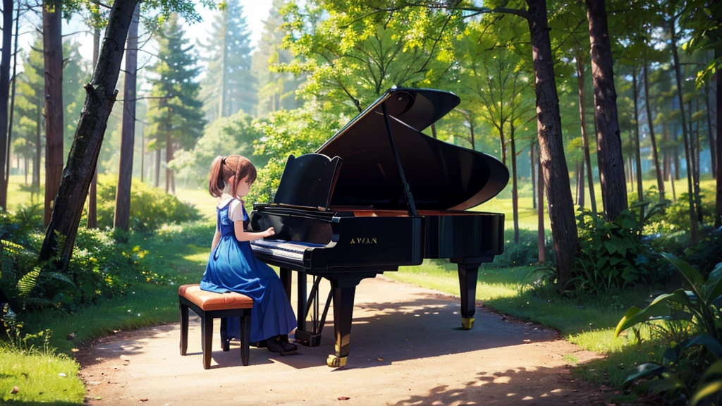 10 year old girl playing the piano in the forest, beautiful colorful dress, anime style. Perfect lighting. Perfectly defined details of the face and body.