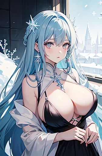 Anime, woman, long hair, pale blue hair, pink eyes, cool, earrings, big boob, wearing a black dress, beautiful, elegant, pure, fantasy, ice, snowflake, snow land,