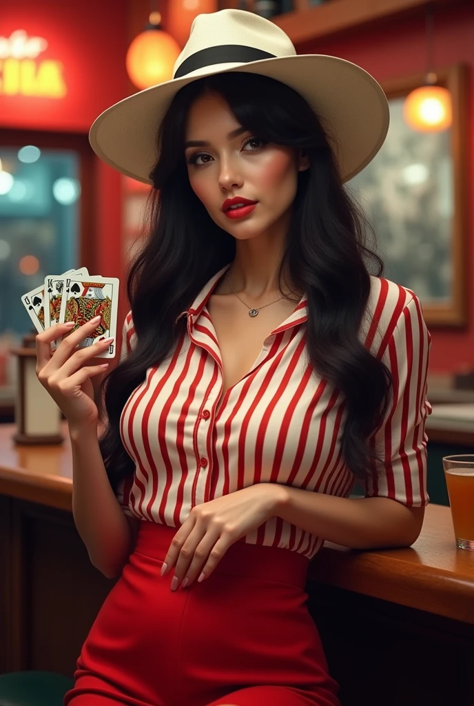 beautiful woman; wearing a red and white shirt; wearing a white Panama hat; red skirt; holding playing cards; Bar scenery in the background