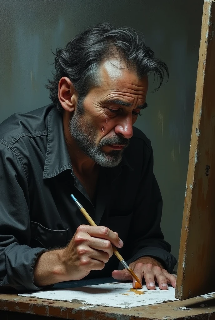 A painter sad and crying 