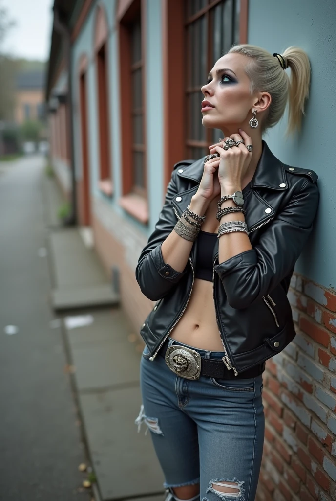 russian old milf woman, biker gang member, platinum hair (ponytail with shaved sides), with very light blue eyes, extremely pale, heavy eye shadows.. without bandana. Thin. Sad, humbled face. Wearing black moto jacket with side and sleeve pockets with zippers. Black push up bra, skinny dark blue jeanswith holes and white tennis sneakers. Lots of metallic bracelets. Tacky wide belt with massive skull and bones buckle . Both hands caress her neck. Lots of rings. Wide loop earrings. Looks up with amazement because she thinks God is talking to her, mouth and eyes open.