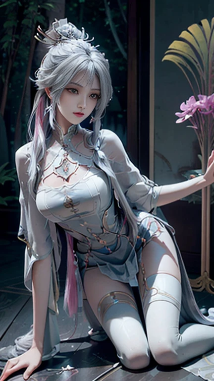 a white hair、Close-up of Miss wearing white mask, Beautiful character painting, Guweiz, Gurwitz-style artwork, White-haired god, author：Yang Jie, Epic and beautiful character art, Stunning character art, author：Fan Qi, by Wuzhun Shifan, pixiv Art Street Guviz, Single ponytail, insult, High Ponytail, Tall and big, Long legs, Walk, elegant, dignified, Miss, Beautiful curves, sweet smile, Strong sense of detail and layering, colour丰富绚丽, Has a unique texture, rich and colourful, colour, vivid, Design Art, 16K, Super detailed, {{illustration}}, {Extremely refined}, {Exquisite surface treatment}, Super detailed, Delicate and shining eyes, {{Light}}, Ultimate light effect, model: Realism, CFG size: 12, Laura: Bright texture (1.35), high quality, masterpiece, Exquisite facial features, Delicate hair depiction, Detailed depiction of the eyes, masterpiece, best quality, Light line tracing, Extremely detailed CG unified 8k wallpaper, masterpiece, best quality, (1 girl), Perfect Miss Body, naked, beautiful eyes, (Delicate face), short black hair, Tie your hair up, Light blue hairpin, Black silk frame glasses, in class, (White skin), (Optimal Lighting), (Super intricate details), 4k unity, (Super detailed CG), Showing off her white legs,Sexy Long Legs, Thin waist, Extremely detailed depiction, Pink Hair, Asymmetrical bangs, Hands on thighs, Move your eyes away, 8k resolution, Raise an eyebrow, shiny hair, Flower head, simple grey background, Climbing towards the viewer, Kitten pose, On all fours,