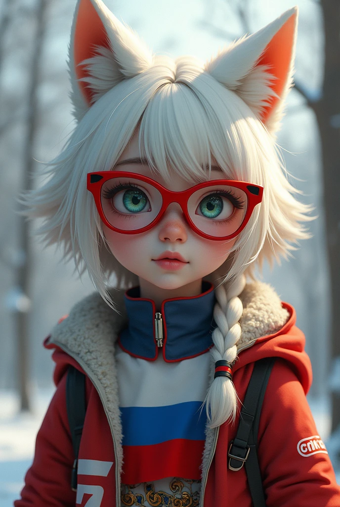 age girl white wolf ears and whiskers on her face with russia flag clothes, and russia flag on her huge glasses
