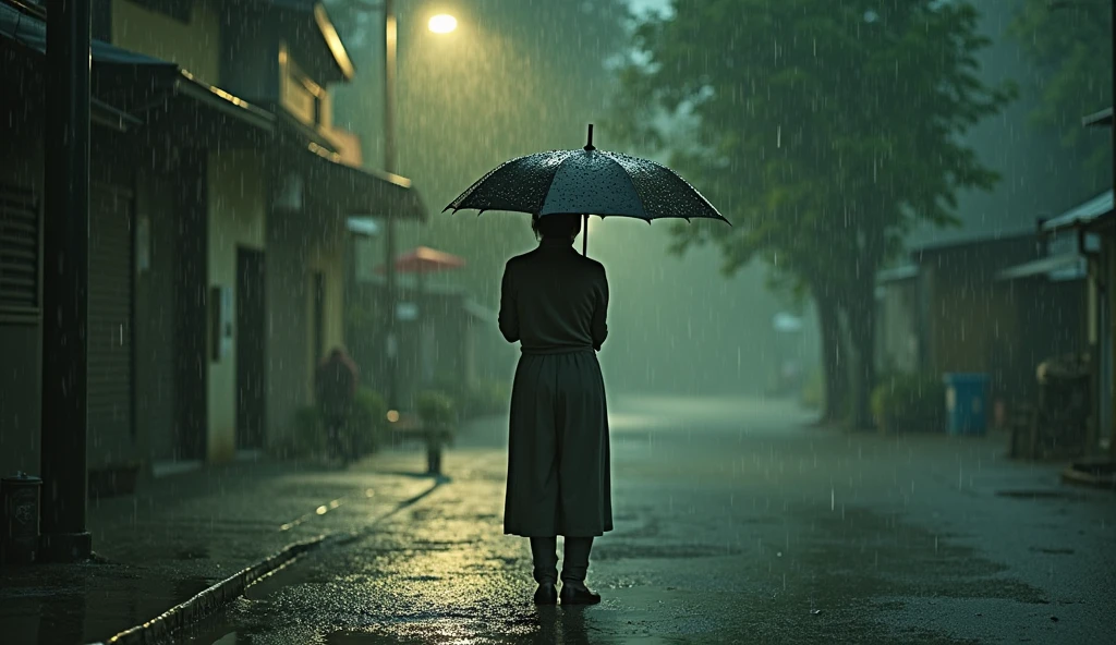 a person standing alone in the rain, head down, shoulders hunched, holding a black umbrella, heavy rain creating a somber mood, cinematic movie poster, digital art, highly detailed, photorealistic, dramatic lighting, muted color palette, moody atmosphere, back view, heavy rainy environment, visible water droplets, extremely detailed portrait, intricate details, cinematic composition, masterpiece, best quality, 8k, HDR, physically-based rendering