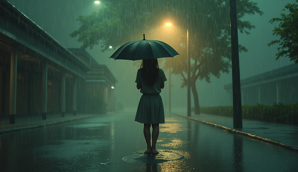 a person standing alone in the rain, head down, shoulders hunched, holding a black umbrella, heavy rain creating a somber mood, cinematic movie poster, digital art, highly detailed, photorealistic, dramatic lighting, muted color palette, moody atmosphere, back view, heavy rainy environment, visible water droplets, extremely detailed portrait, intricate details, cinematic composition, masterpiece, best quality, 8k, HDR, physically-based rendering