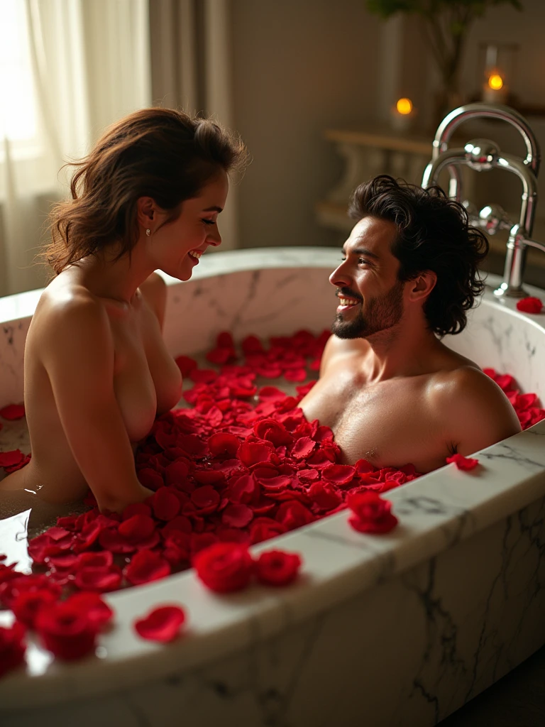 An exquisite, hyper-realistic photograph
capturing the iconic scene from "American
Beauty" A luxurious marble bathtub is
filled with crystal-clear water, adorned
with a lush bed of vibrant red rose petals. A
woman, naked and exuding sensuality and
serenity, reclines partially concealed by the
petals within the tub. A man kneels beside
the tub, engaged in conversation with her,
his thoughtful and attentive expression
mirroring the intimate atmosphere.
The room is bathed in soft, warm, and
natural light, enhancing the overall serene
ambiance.