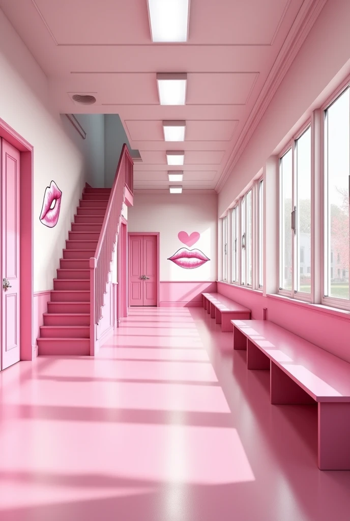 (photorealism:1.2)
Inside an empty pink and white classic school hallway second floor of a pink classic school, Along the hallway there are some classic school pink open doors of the different classrooms,
At the right hand side of the hallway there's a wide pink school stairway coming up from the school first floor, there are many drawings of 💋 can be seen on the walls, A long pink bench along the hallway,
View: Over the shoulder perspective photo,
high resolution, masterpiece, best quality, intricate details, highly detailed, Hiperrealistic