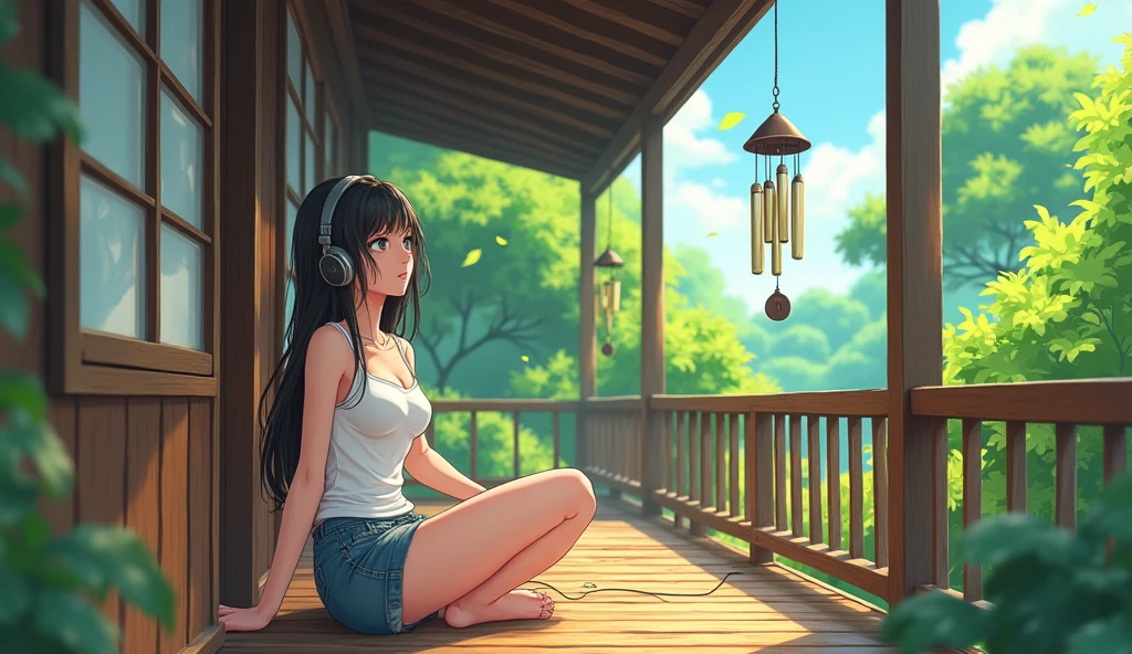 Perfect image, 8k, noon、A high school girl listening to music on a cozy veranda,holiday、 Using headphones, 2D-style animation, Lo-Fi, hard disk, Big Breasts、one's home、wind chimes、summer、Retro、Japanese style、Wooden house、Single-story house