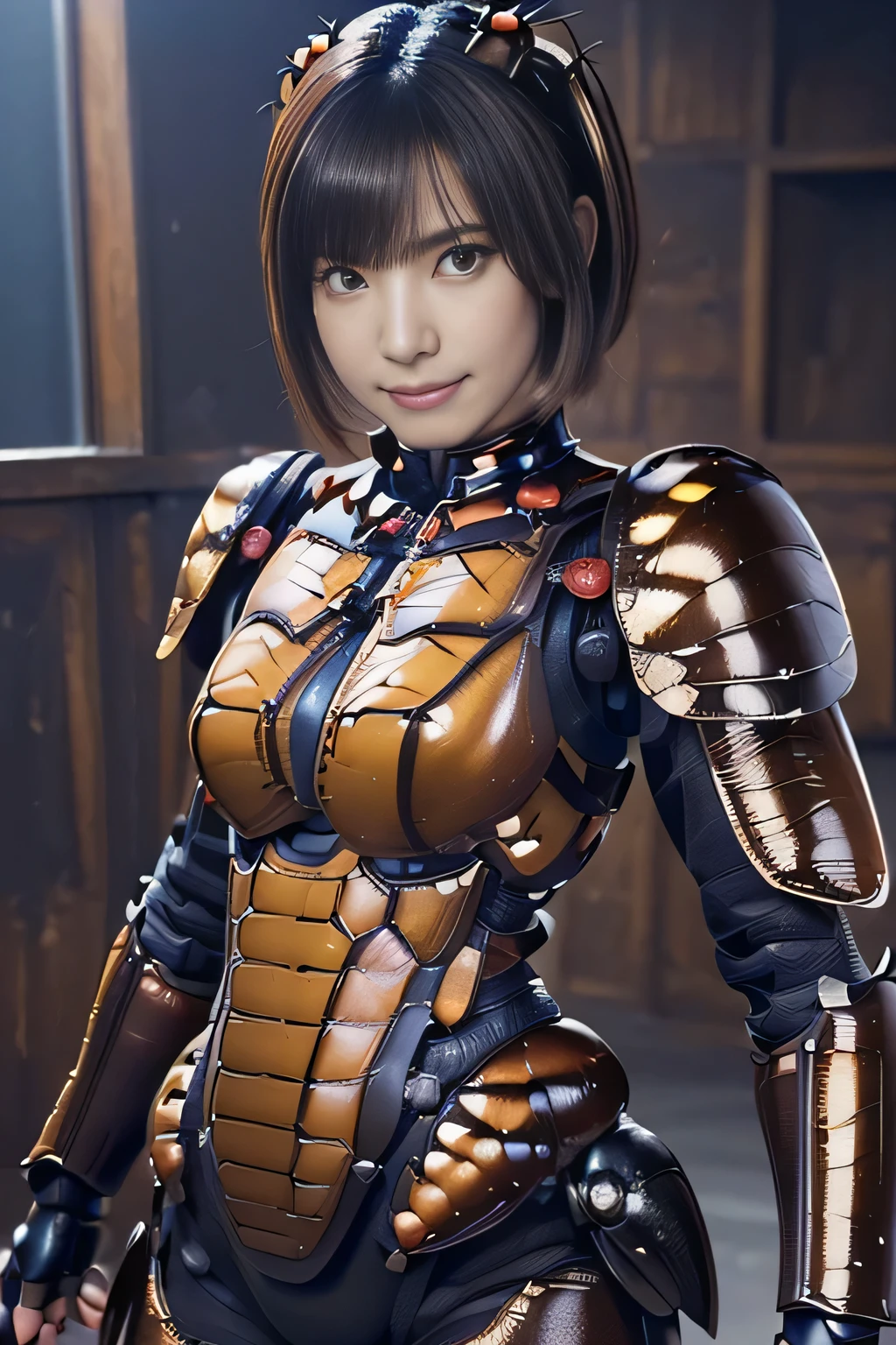 (high resolution,masterpiece,best quality,extremely detailed CG, anime, official art:1.4), realistic, photo, amazing fine details, all intricate, gloss and shiny,awesome many layers, 8k wall paper, 3d, sketch, kawaii, illustration,( solo:1.4), perfect female proportion,villainess, (fusion of dark brown cockroach and lady:1.4), (brown cockroach form lady:1.2), (brown cockroach lady:1.2), (fusion:1.2), (solo:1.4), (evil smile:1.2), muscular, abs, (cockroach brown exoskeleton bio insect suit:1.4), (cockroach brown exoskeleton bio insect armor:1.2), (brown transparency cockroach wing:1.4), (brown cockroach antennae:1.3),