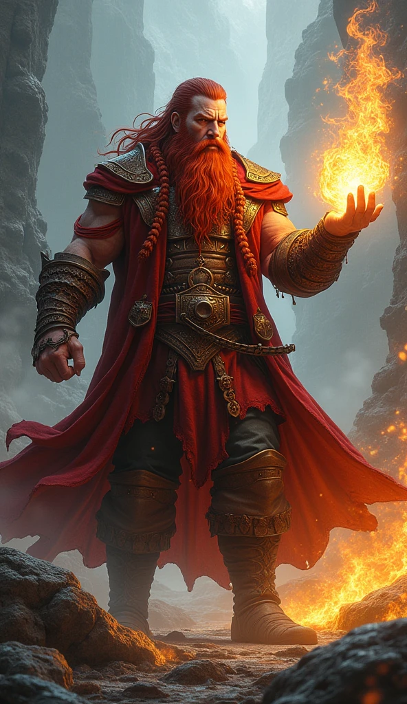 arafed, (male: 1.3), dwarf, (Masterpiece, intense details: 1.5) sorcerer, (Masterpiece 1.5, intense details), casting a spell (Masterpiece 1.3, intense details), full body, red cloak with (Hammer and anvil symbol: 1.1), flowing cloak (holy symbol sun: 1.2), red hair, long braided beard, hair strand, frown, serious, high detail, Realism, Action painting, depth of field, god rays, wide shot, panorama, Ultra-Wide Angle, UHD, super detail, high quality, photorealism, 16K, highres