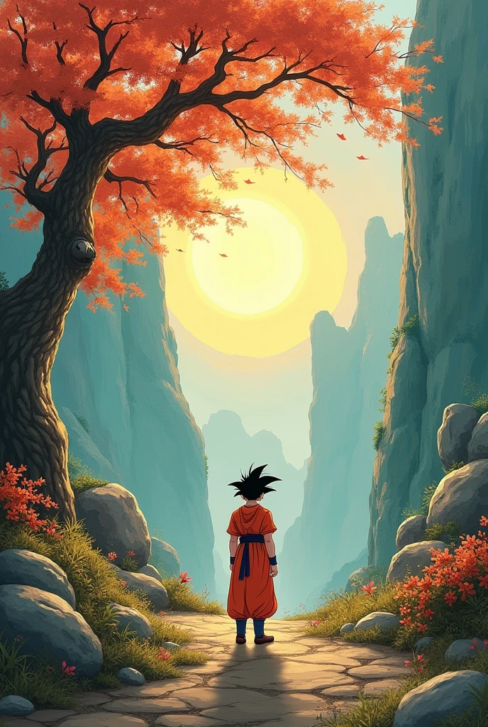 masterpiece. (anime Dragon Ball (Sangoku-Goku) Best quality. Beautiful cinematic impressionistic painting in the style of Ashley Wood. (anime Dragon Ball (Sangoku-Goku) fairytale background) (Minimalism:1), original details.
