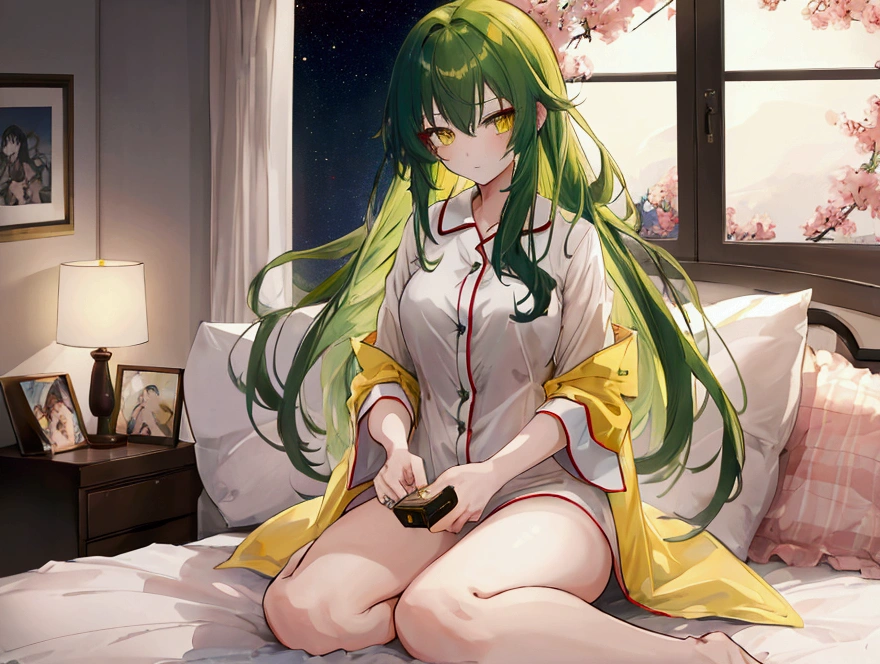 a girl with long dark green hair, yellow eyes,hair behind ear, アニメ, アニメ style, uhd, masterpiece, accurate, anatomically correct, super detail, high quality, high details, award winning, highres, best quality, 8k,pajamas，Bangs，Sitting on the bed，Just woke up