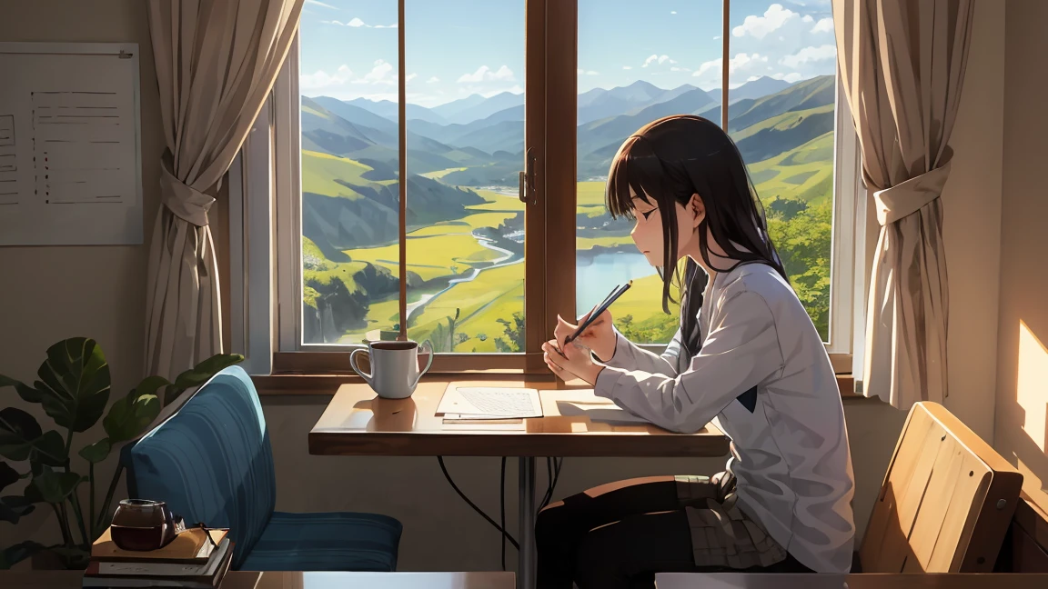 The same person starts the day writing in a gratitude journal while drinking a cup of coffee at a window overlooking a beautiful landscape