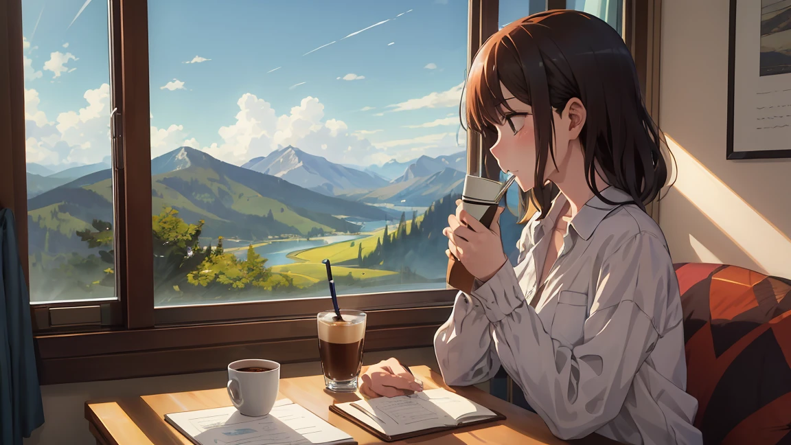The same person starts the day writing in a gratitude journal while drinking a cup of coffee at a window overlooking a beautiful landscape