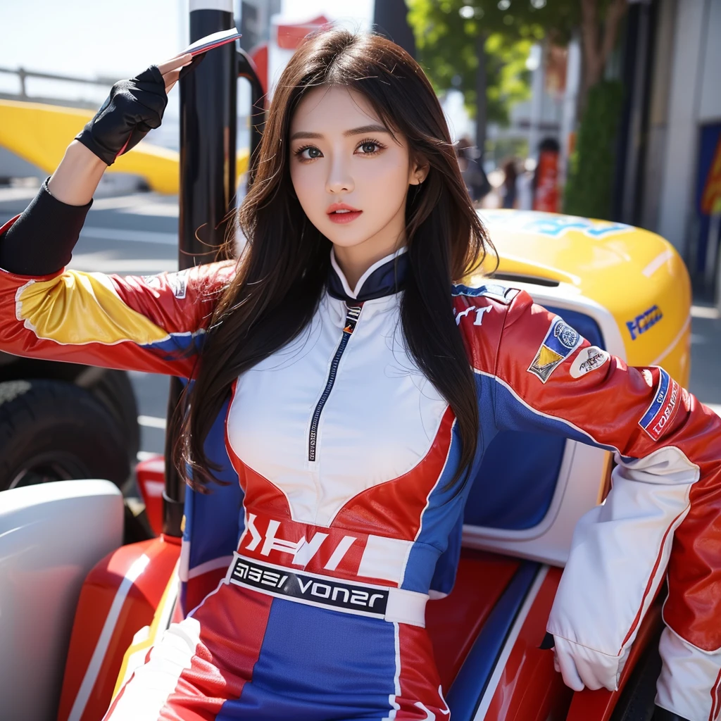 Beautiful woman、Handsome woman、Super detailed photos、Detailed face、Lip gloss、Cool woman、Colorful costumes、F1 Driver Cosplay、Colorful costumes、Clothing with the company's English logo、Grid Girlsのカラフルで派手な衣装、Grid Girls、Perfect Face、Paddock Girls、Harem、motor Show、tights、Bodycon Costumes、Grid Girls、Russia、Grid Girlsのコスプレ、belly button、Pleated skirt、Bodycon Costumes、Legs open pose、Spread your legs to show your crotch