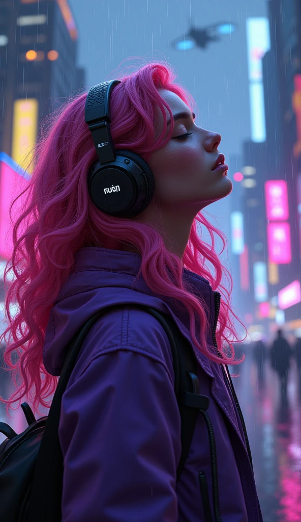 1 garota Synthwave, long pink hair curled,using headphones, wearing a purple jacket, work of art, high qualiy, in the background a dark and rainy futuristic city