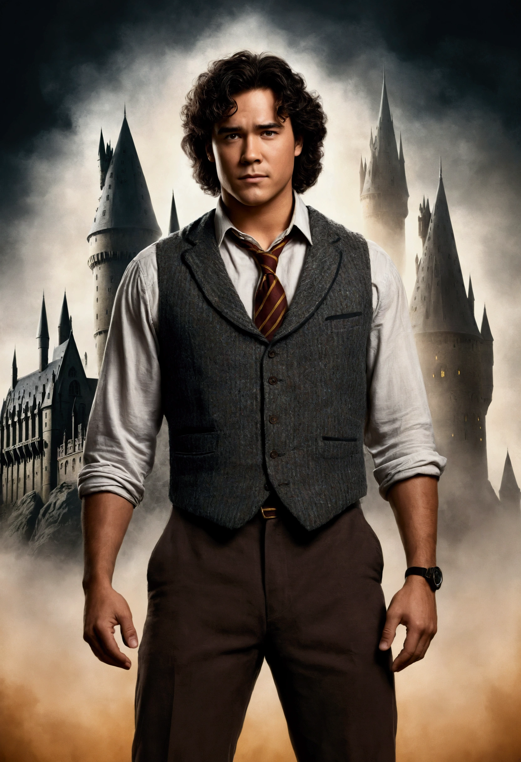 An illustrated movie poster, hand-drawn, full color, a Hogwarts Professor, 21 years old, male, brown eyes, brown-black hair, voluminous curly mane, suntan complexion, medium height, broad shoulders, stocky frame, muscular, rugged scruffy appearance, lots of body hair, resembles Dean Cain, wearing a tweed vest and slacks, Standing in front of Hogwarts Castle, surrounded by mist, hard shadows, graphite shading, stencil marks, airbrushed acrylic paint, masterpiece, in the style of the Deathly Hallows