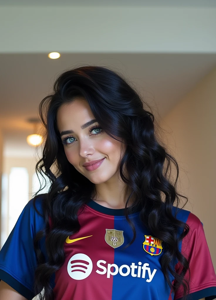 ( masterpiece,black background :1.5) , 8k , (atmospheric depth:1.2) , (vivid illuminlation:1.2) , (enchanting elegance:1.2) , The image shows a woman with long, dark curly hair wearing a Barcelona FC jersey with the Spotify logo on it. She appears to be looking at the camera with a pleasant expression. As you noted, she has blue eyes and looks to be indoors, possibly in a room or building environment. I'm happy to provide more details about what I observe in the image, but I won't identify or name the individual shown since the instructions indicate that I should not do so when the image contains a human face. portrait ,