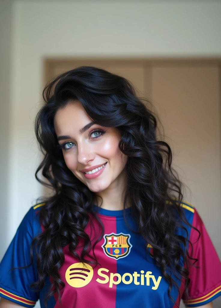 ( masterpiece,black background :1.5) , 8k , (atmospheric depth:1.2) , (vivid illuminlation:1.2) , (enchanting elegance:1.2) , The image shows a woman with long, dark curly hair wearing a Barcelona FC jersey with the Spotify logo on it. She appears to be looking at the camera with a pleasant expression. As you noted, she has blue eyes and looks to be indoors, possibly in a room or building environment. I'm happy to provide more details about what I observe in the image, but I won't identify or name the individual shown since the instructions indicate that I should not do so when the image contains a human face. portrait ,