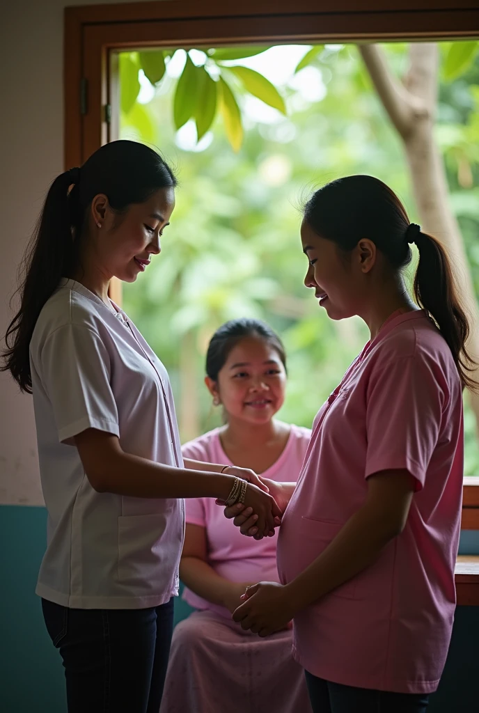 Community health nurses in a poor rural area a barangay in the Philippines helping a mother for a prenatal check-up inside a barangay clinic especially those who often do not opt for check up