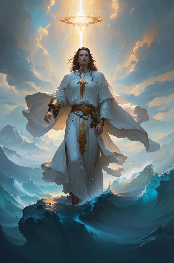 Jésus debout sur un rocher avec une auréole au-dessus de sa tête, art conceptuel of god, voler le roi, inspired par Christophe Vacher, wlop et rhads, Greg Olsen, Jon McNaughton, par Christophe Vacher, art conceptuel | rhads, Marc Adams, Peter Mohrbacher Donato Giancola, jeune dieu tout-puissant, divin et éthéré