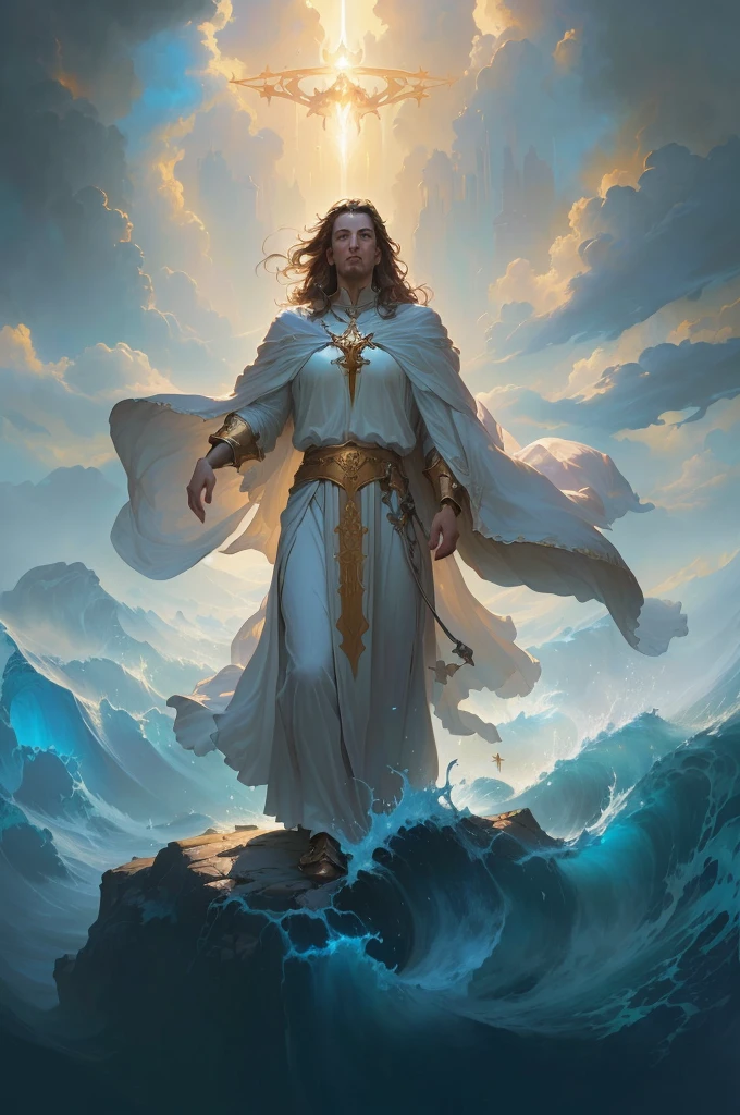 Jésus debout sur un rocher avec une auréole au-dessus de sa tête, art conceptuel of god, voler le roi, inspired par Christophe Vacher, wlop et rhads, Greg Olsen, Jon McNaughton, par Christophe Vacher, art conceptuel | rhads, Marc Adams, Peter Mohrbacher Donato Giancola, jeune dieu tout-puissant, divin et éthéré