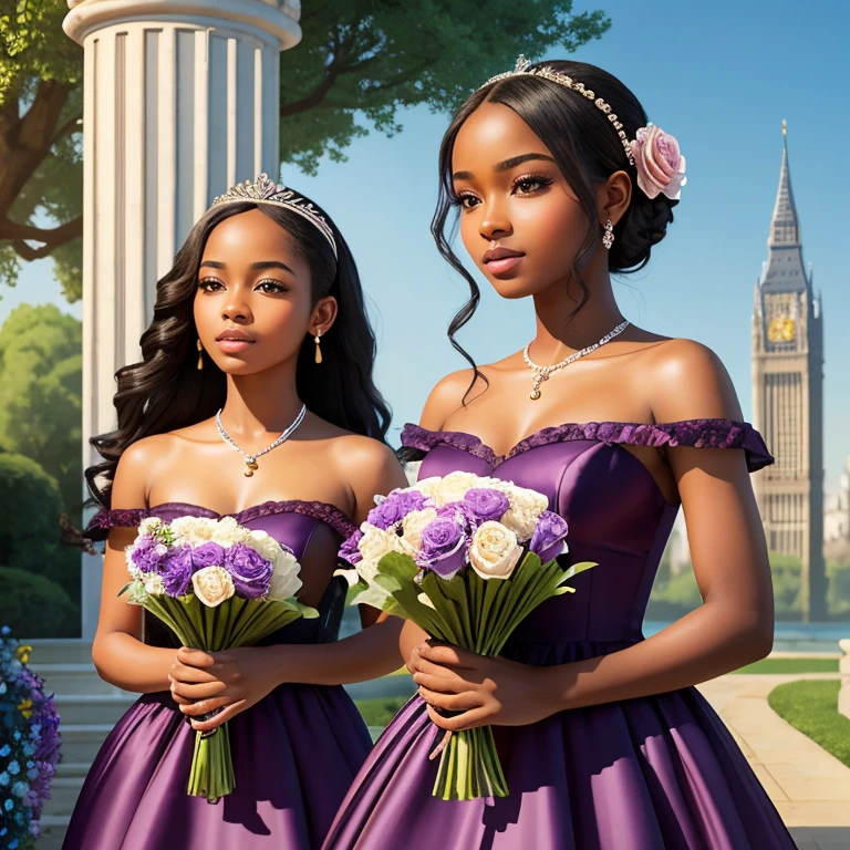(masterpiece, best quality:1.5), highest quality, High resolution, super detailed, Realists, Upper body photo of a 22 year old black flower girl, dark skin, detailed and beautiful eyes, beautiful detailed lips, very detailed eyes and face, longeyelashes, 22-year-old woman in a purple short dress made of shiny satin fabric, Beautiful and colorful makeup, elegant and noble々Pose,shiny satin headband, grind, Holding flowers, Gardens as background, soft daylight, bright colors, fine brushstrokes, Portrait style, Noble details in the dress fabric, beautiful color palette, glowing skin, First-class rendering, that captures every detail, enchanting atmosphere, subtle shadows and lights, (perfect anatomy:1.2), (The two stunning 18-year-old flower girls carry baskets of rose petals. (magnificent panorama view:1.2)