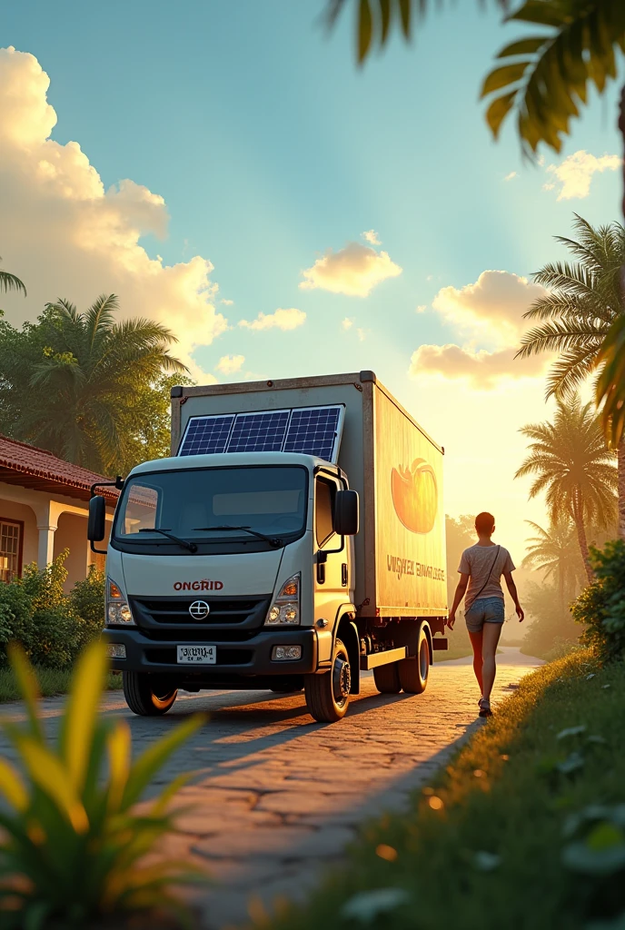 An image of Brazil, a truck from a company called Ongrid Energia Solar full of solar panels arriving at a residence, the owner of the house leaving the house very happy to arrive at the solar panels. I want it with sun and clouds