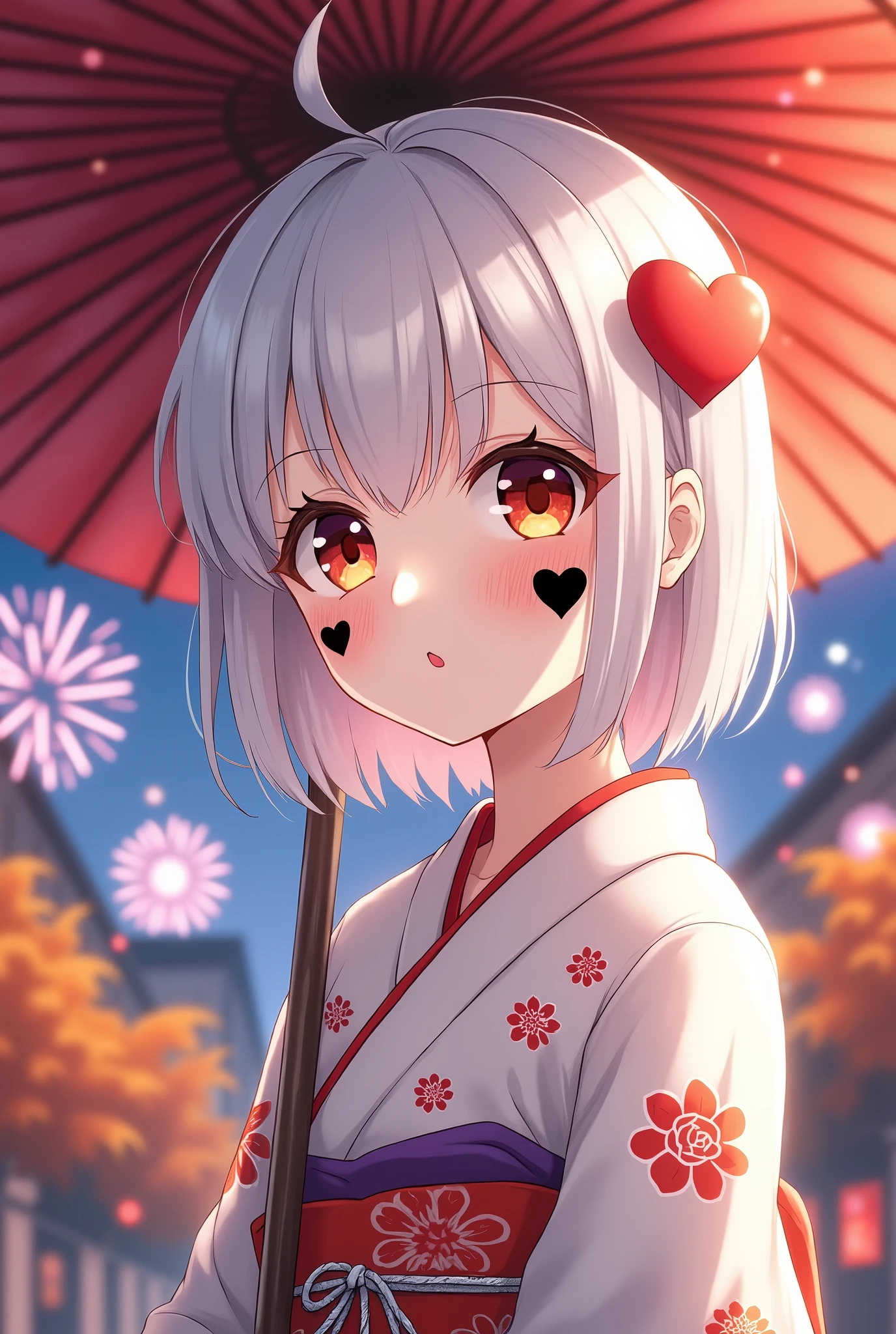 Anime illustration icon, cute white hair, older sister, red and black heart sticker on right cheek, black heart sticker is smaller than red heart sticker, upper right, kimono, Japanese umbrella background, autumn leaves, lots of fireworks, night