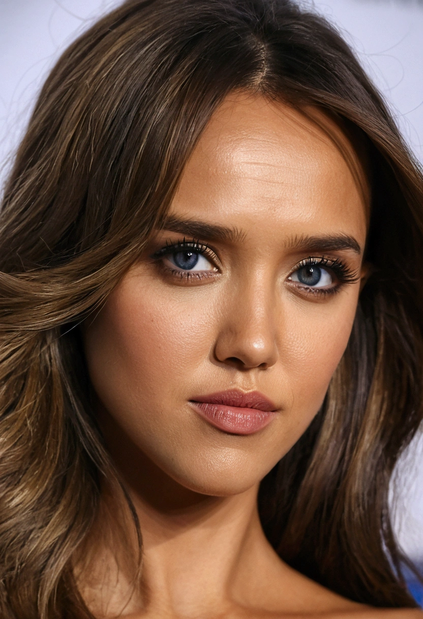 Belle brune aux cheveux longs les yeux bleu qui ressemble a jessica alba et amegan fox attachés avec une tête serrée on voit tout son corps en entier, très détaillé, 22 ans, cheveux ondulés naturels, yeux bleus, Gros seins, Elle porte un bikini rose, elle est vue de derrière avec la tête sur le côté
