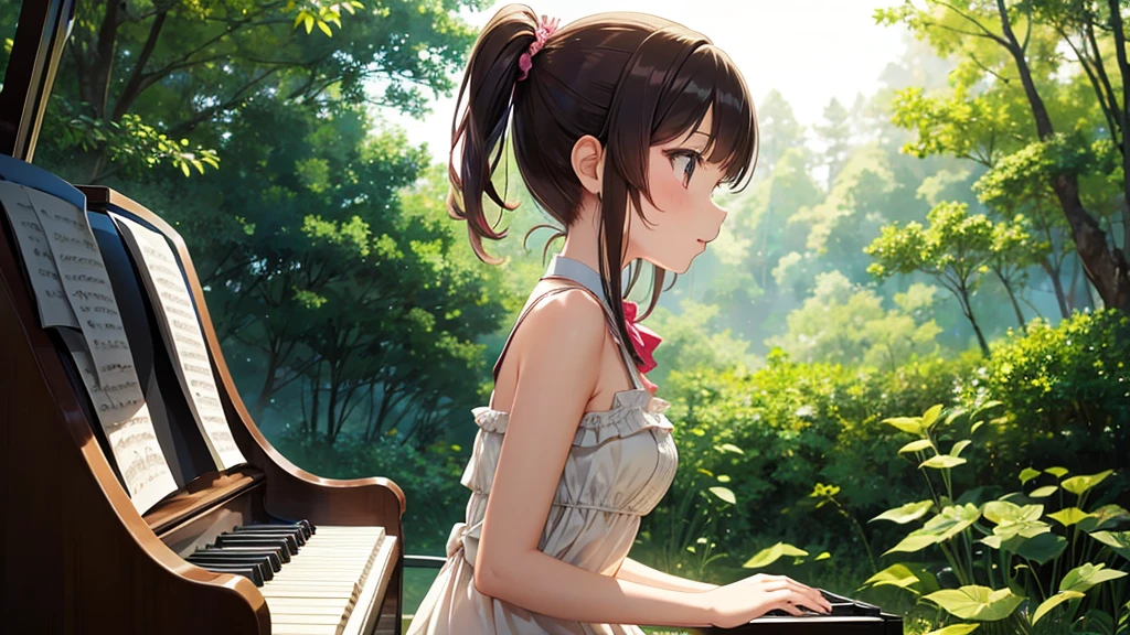 10 year old girl playing the piano in the forest, close-up profile position, beautiful colorful dress, anime style. Perfect lighting. Perfectly defined details of the face and body.