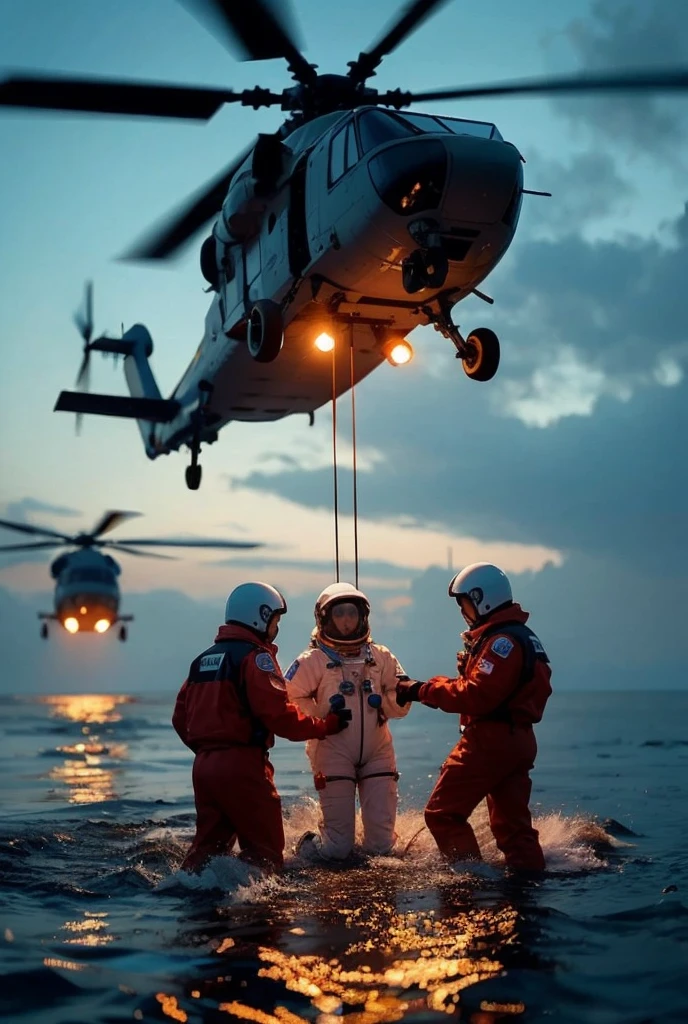 Helicopters and rescue teams recovering the spacecraft capsule and astronauts,
high resolution,