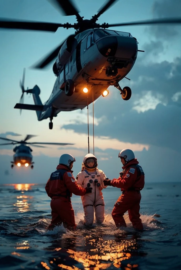 Helicopters and rescue teams recovering the spacecraft capsule and astronauts,
high resolution,