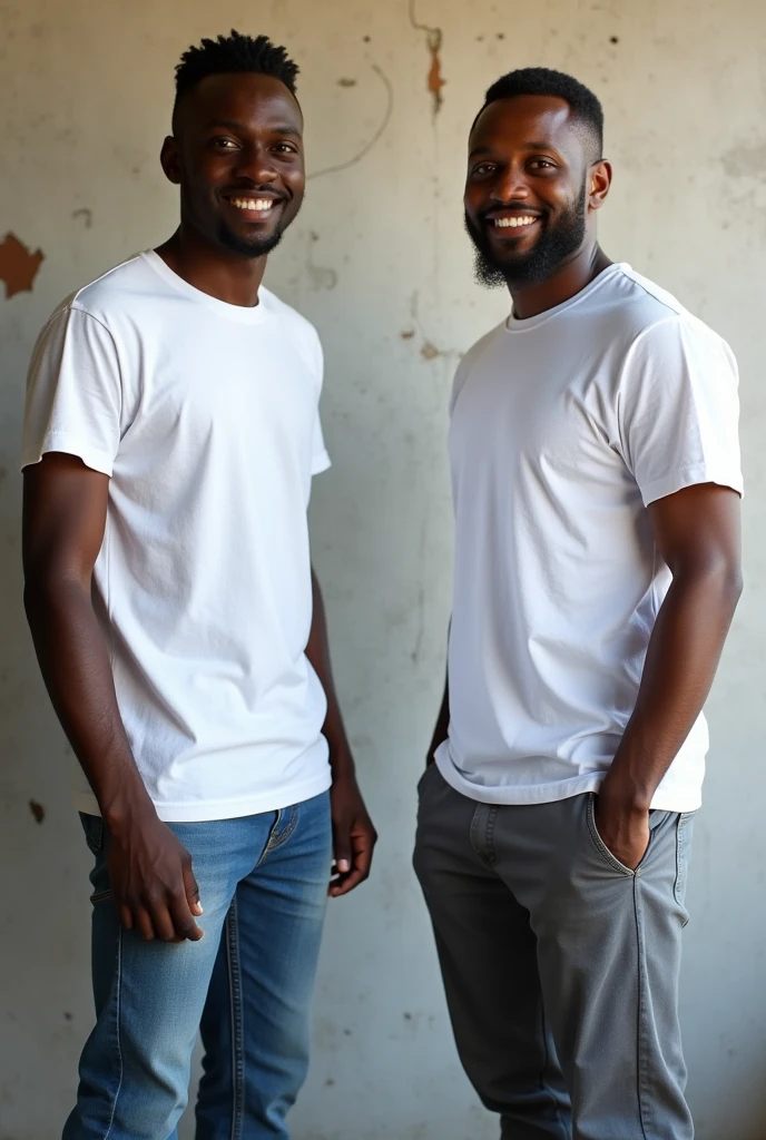 Create a split-image of the same light skinned 21 years old Ethiopian man shown side by side against a messed up wall as a background to illustrate a before and after transformation. In the 'before' image on the left, depict the man as shorter and wearing a plain white T-shirt and jeans. In the 'after' image on the right, show the same man taller, with no change in  physique, wearing the same white T-shirt but with casual pants instead. Both images should have the man smiling and looking directly at the camera, with a noticeable difference in height and little difference on presence. The background should be the same for both pictures and minimalist with natural lighting, highlighting the transformation. Make the picture realistic 