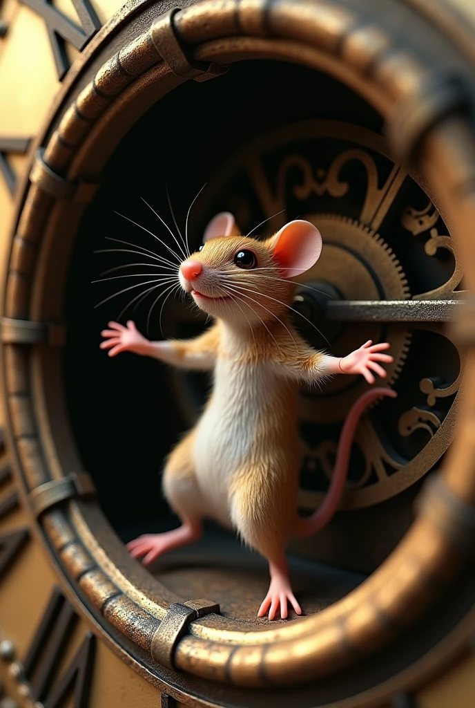 Create a realistic image A mouse is dancing in the wall clock