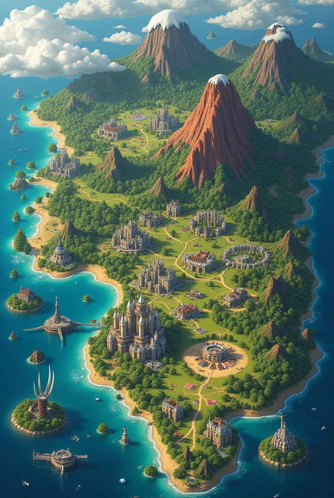 Create a fantasy style map designed with these features: Dark forest lit by mushrooms in the south and a hill in the center, next to the seaside there is a village with a plantation and commercial area divided by a river that runs down from the mountain to the sea. Further west a temperate forest with a large tree with yellow leaves, next to a city enclosed in a dome that appears to be a large coma. To the northwest a small village near the bay with water and rocks and below the bay a submerged city., a river flows and it comes from a large mountain of ice. In the nearby skies there is a city in the clouds, below a desert of dunes with water and next to it a red mountain with a stone village., near a volcano. Further east is a village of huts near geysers and a large amusement park on a large island nearby.. Further south a great kingdom with a castle over the shallow waters of the east.